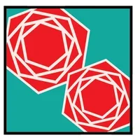 Two red geometric ornaments with white lines on a teal background.