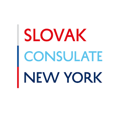 Logo of Slovak Consulate in New York with red, light blue, and dark blue text