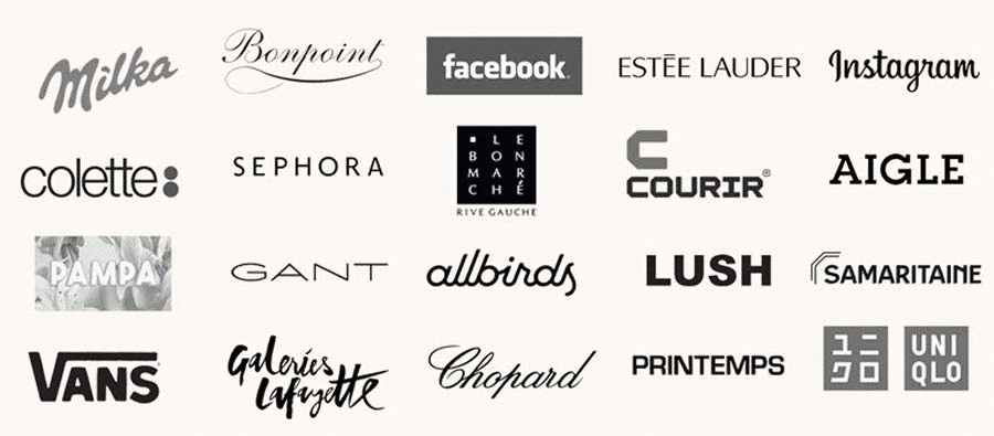 Marques clientes incluant Bonpoint, Instagram, Sephora et Le Bon Marché