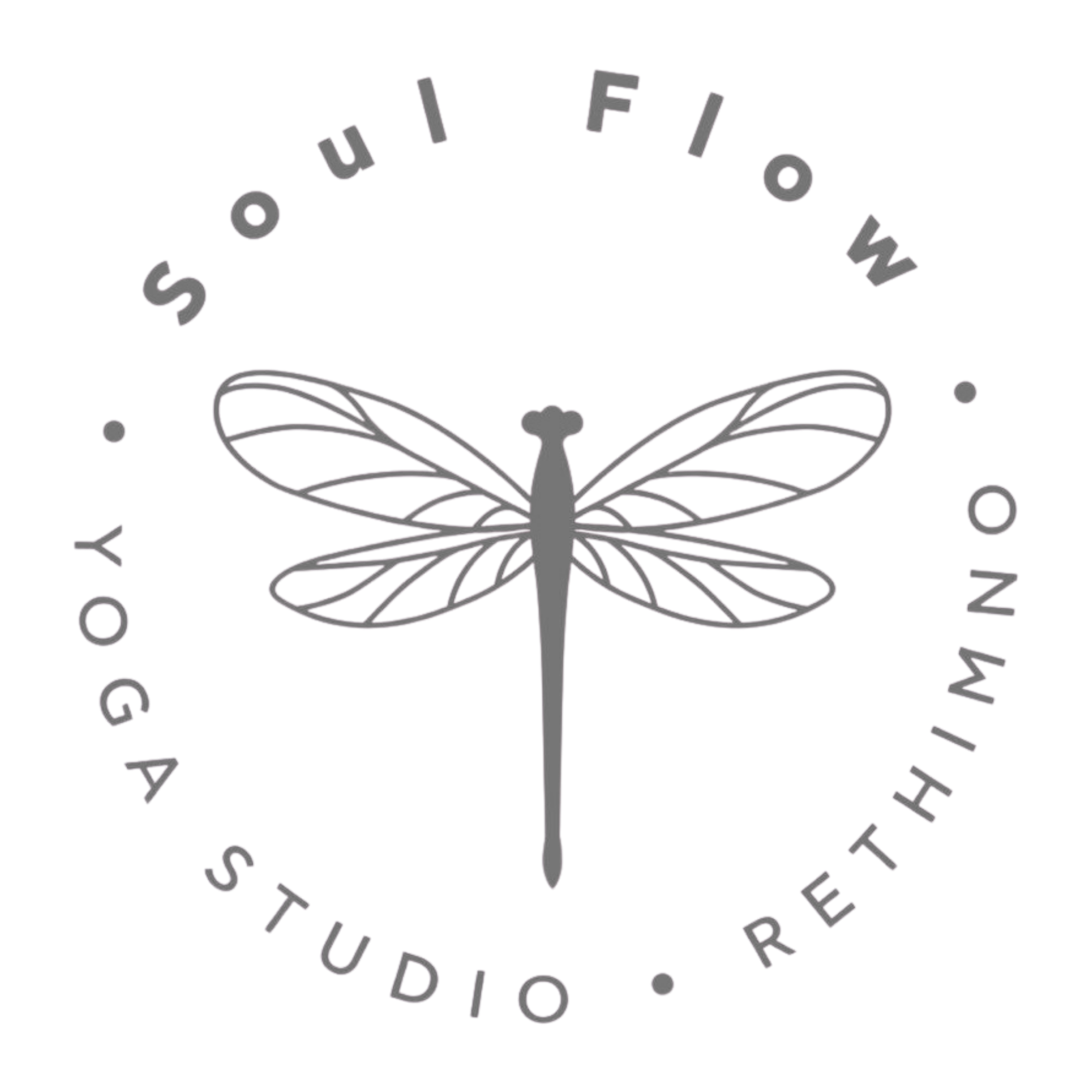 A logo featuring a stylized outline of a dragonfly with wings spread upward, centered above the text 'Soulful Studio' in a circular arrangement.