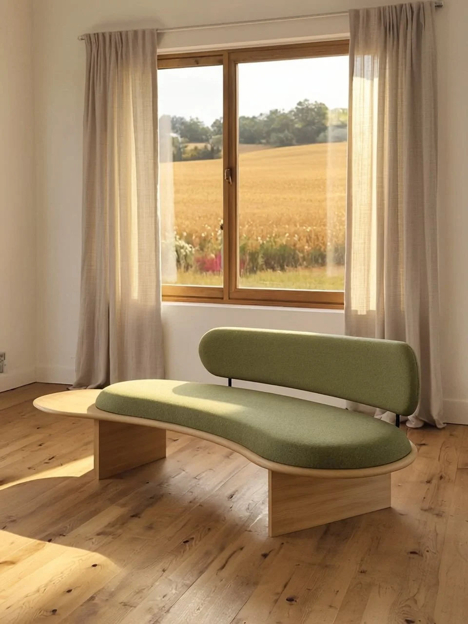 The Pebble Sofa in deep green fabric and natural oak, a sculptural centrepiece in a softly layered interior.

Each piece is handcrafted to order, with bespoke adjustments to size, shape, and finish, tailored to your home or design vision.