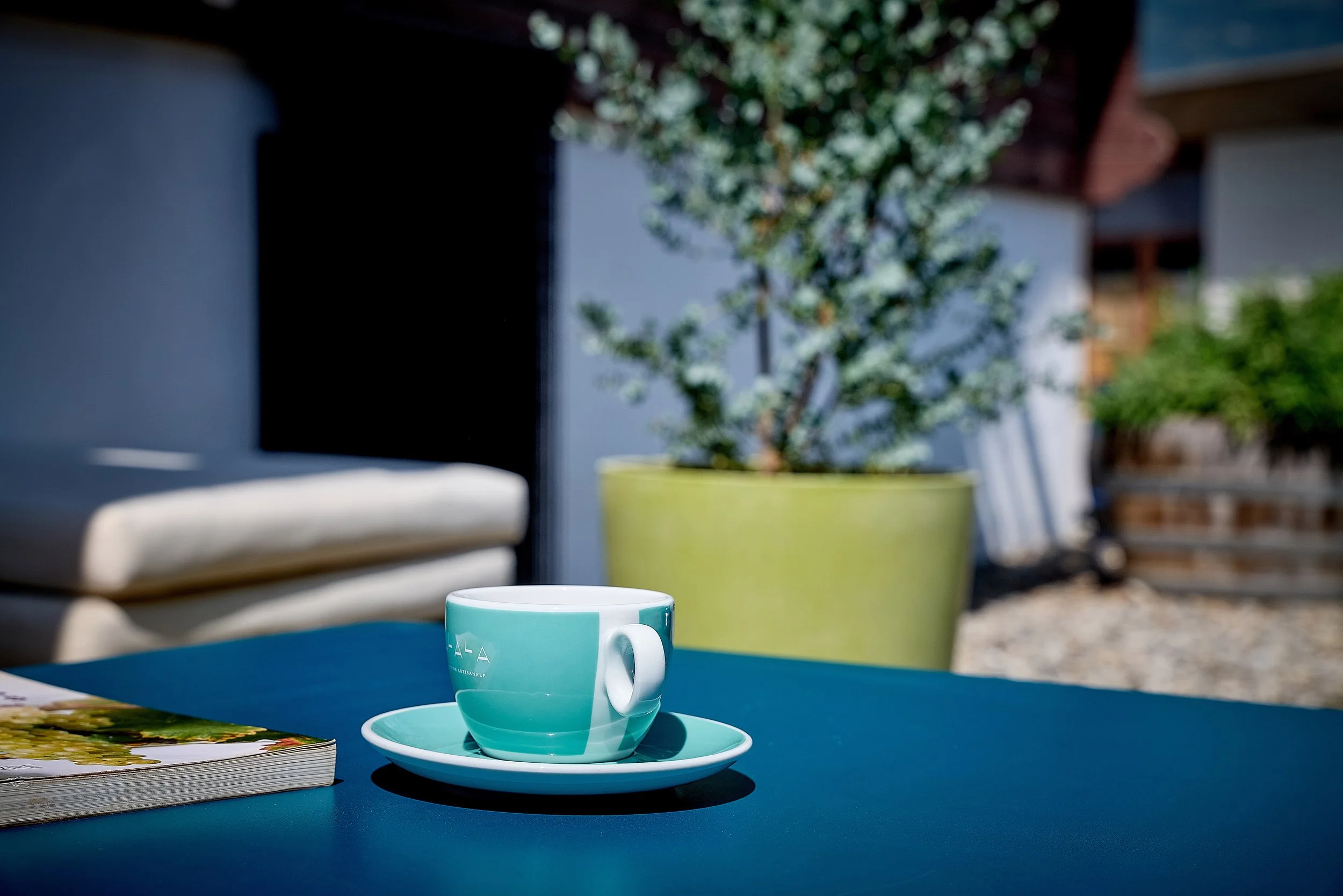 Tasse turquoise sur une soucoupe blanche sur une table bleue extérieure, avec un livre à côté, en arrière-plan un grand pot de fleurs avec un arbre et une résidence.
