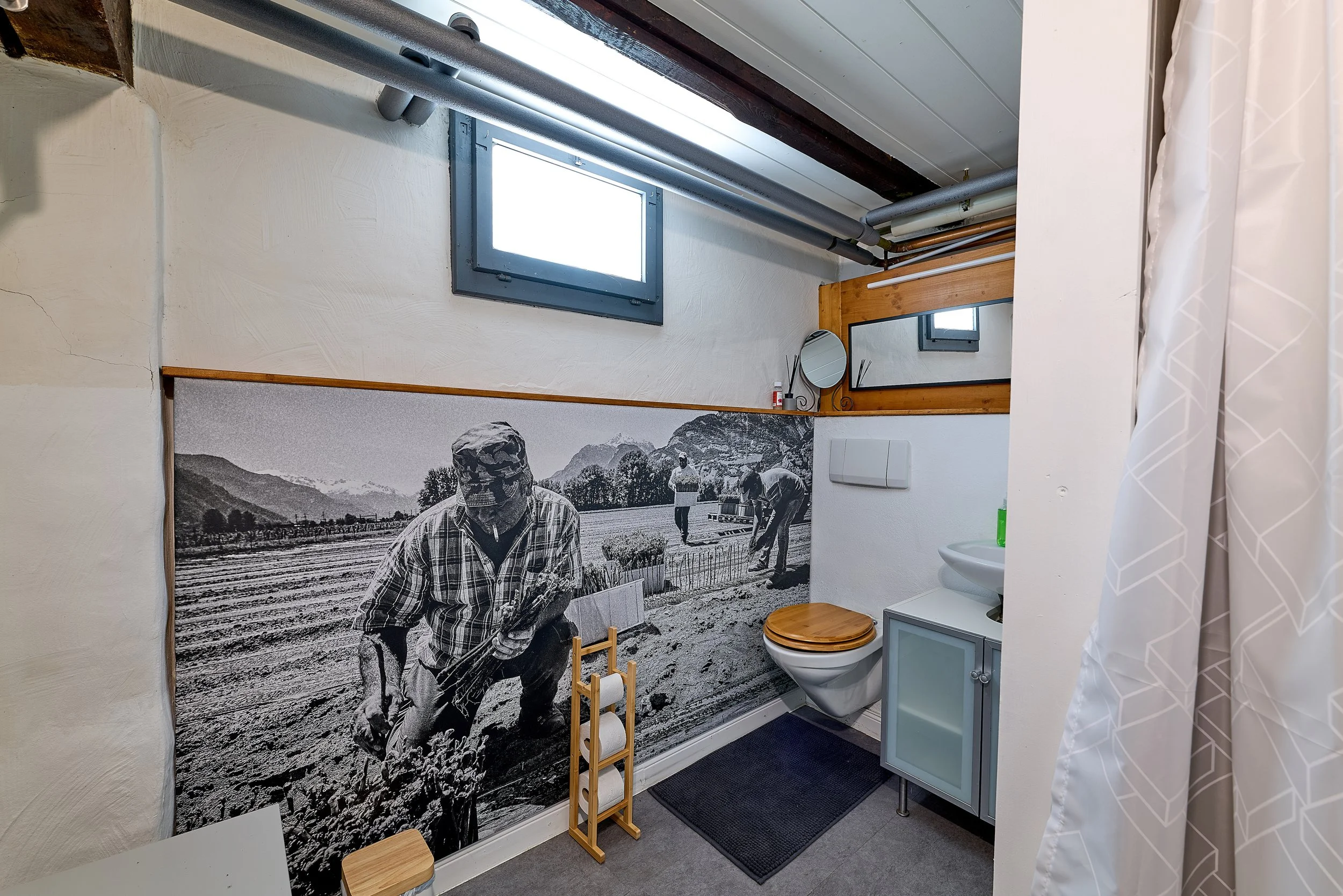 Une petite salle de bain avec un mur décoré d'une grande en noir et blanc personnes travaillant dans un champ, une toilette avec un siège en bois, un petit meuble avec un lavabo, un miroir rond, un petit miroir rectangulaire, et une fenêtre au plafo