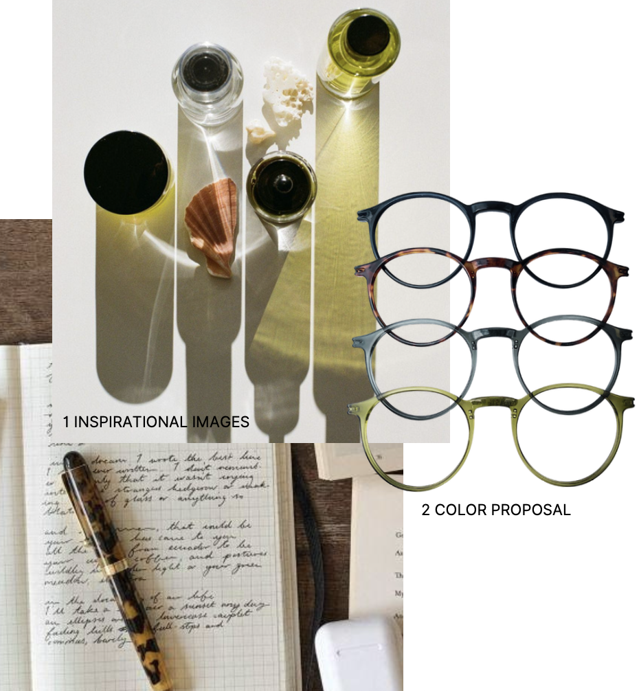 A top-down view of four bottles of nail polish, two seashells, and some seasponge on a white surface, creating shadows. Beside them are four pairs of eyeglasses in various colors. Eyewear Freelance Deisgner and trend research.