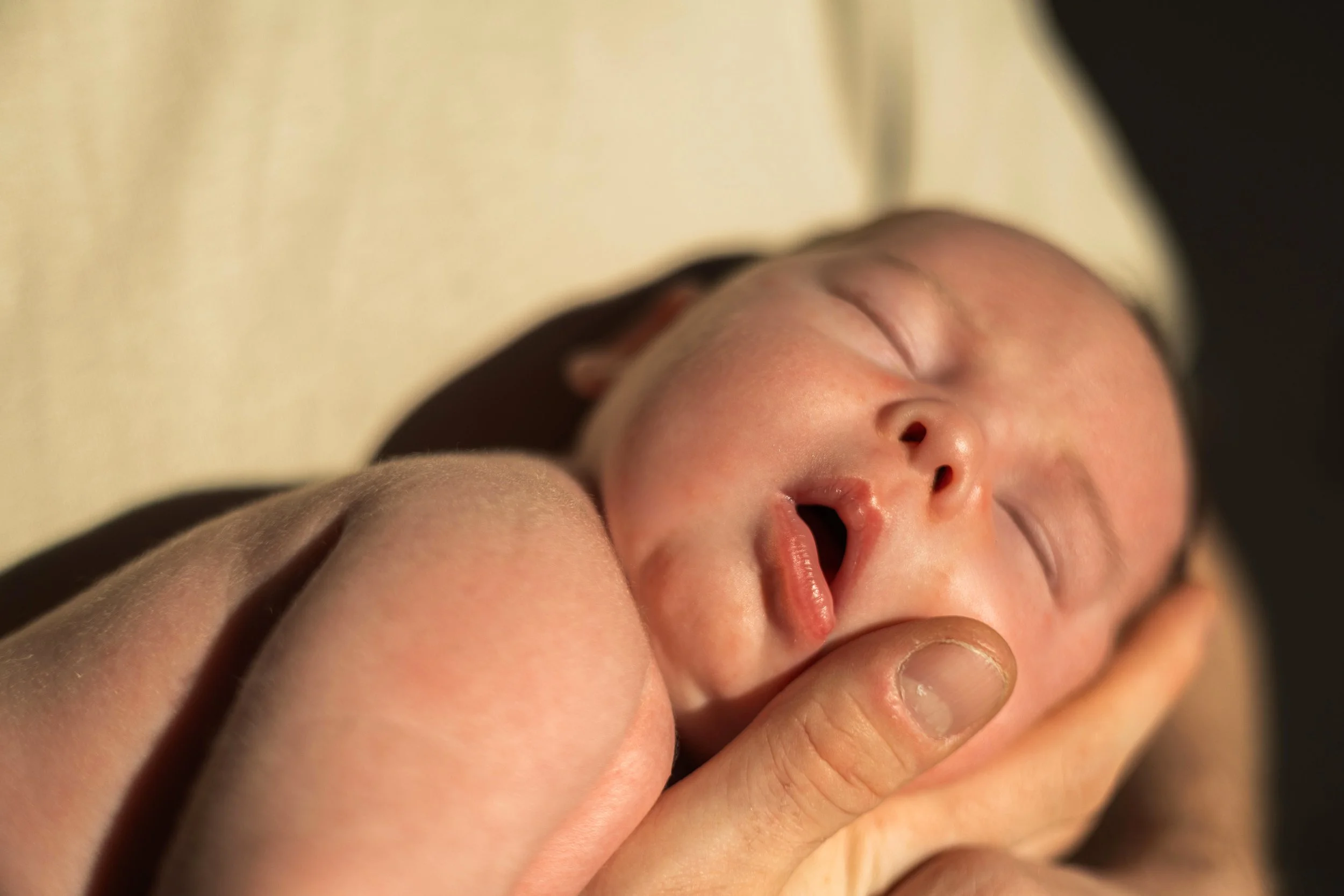 Newborn baby being held by her dad, a close shot of her face during her newborn photpgraphy session
