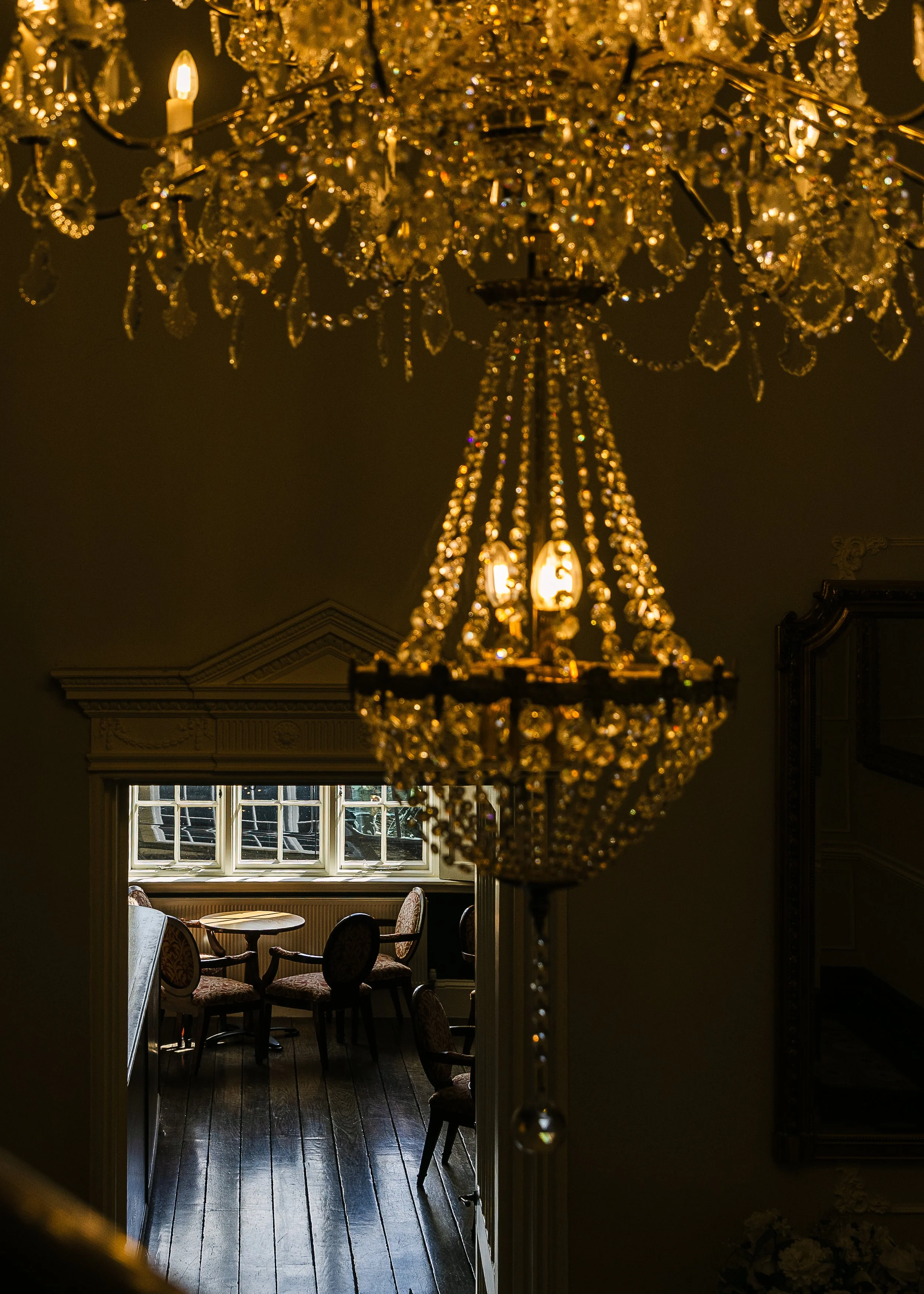 Sparkling chandelier at Offley Place Hertfordshire  
