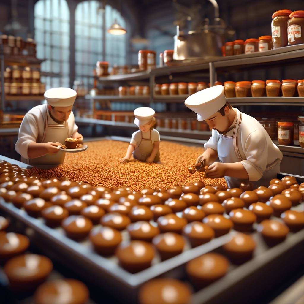 Miniature bakers working in a chocolate factory, creating chocolates and placing them on trays, surrounded by shelves of jars of ingredients.