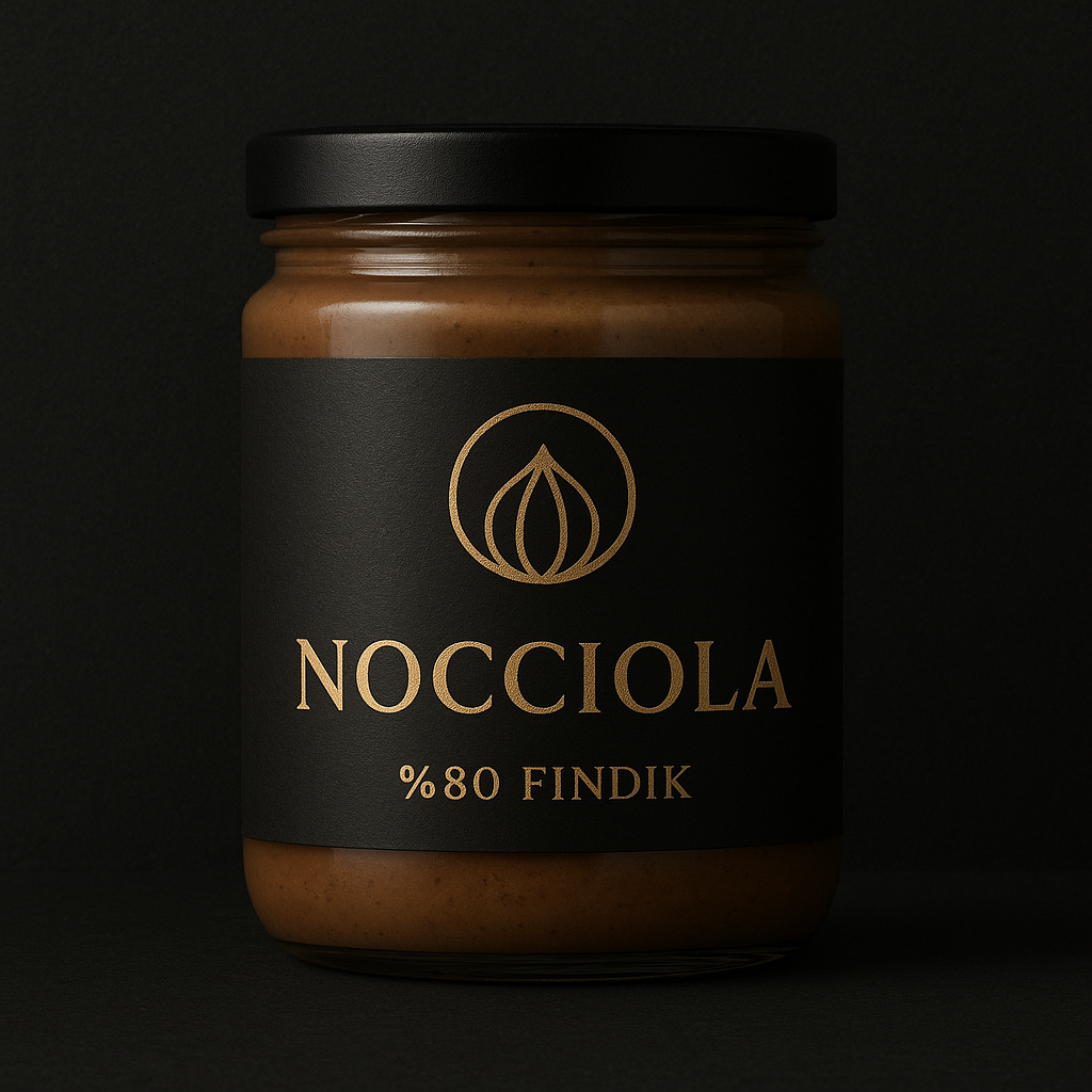 A jar of Nocciola hazelnut spread with a black label and black lid, featuring gold lettering and a gold logo on a dark background.