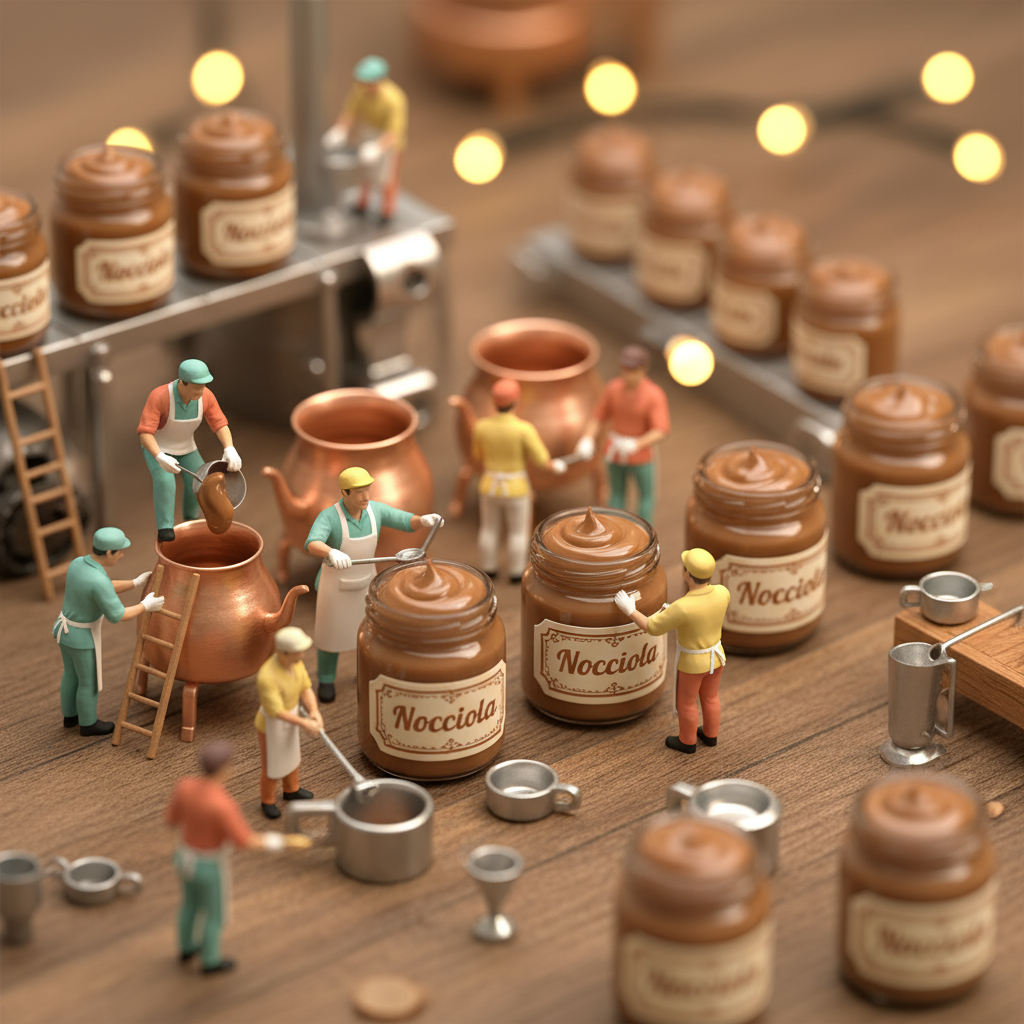 Miniature figures working together to make and jar Nutella hazelnut spread, with jars and tools on a wooden surface.