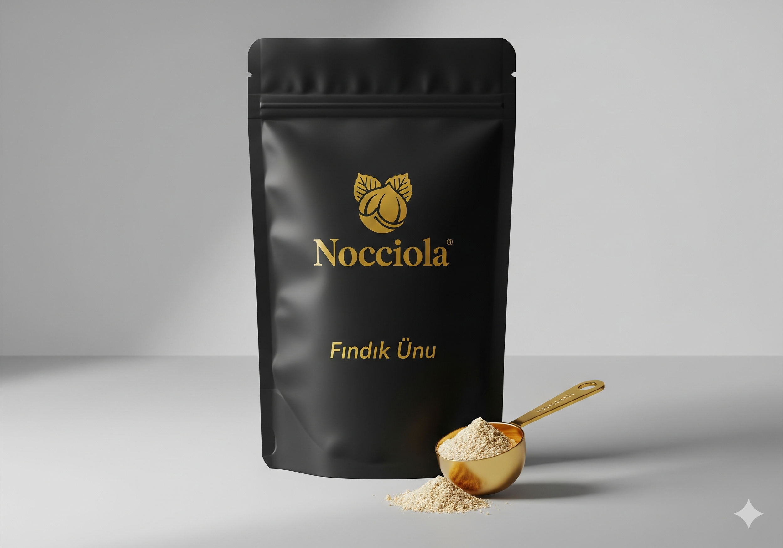 Black package of Nocciola brand hazelnut flour with gold logo and text, accompanied by a gold measuring spoon filled with light-colored hazelnut flour on a white surface against a gray background.