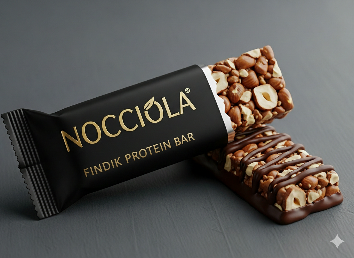 A black package labeled 'Nocciola Findik Protein Bar' beside a partially unwrapped protein bar with nuts, and a full nut topping on another bar drizzled with chocolate, all on a gray surface.