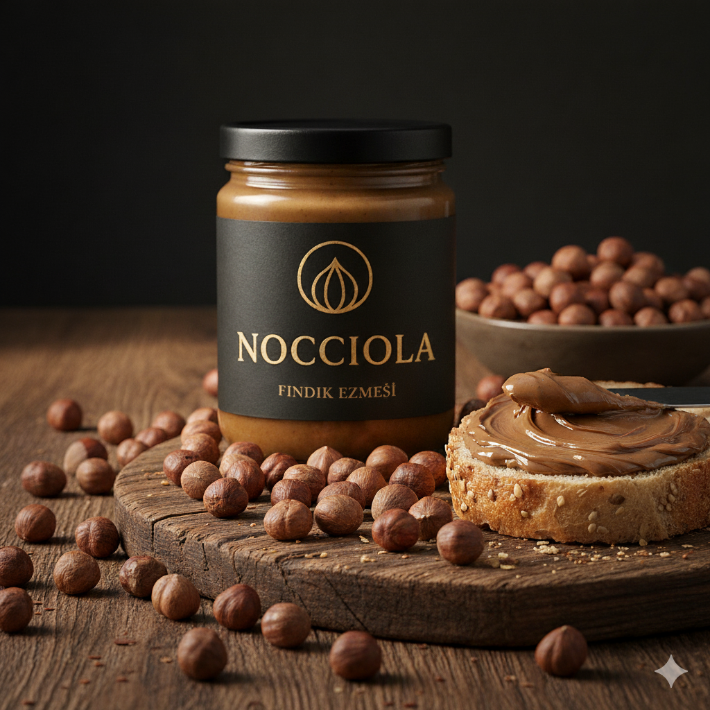 A jar of hazelnut spread labeled 'Nocciola Findik Ezmesi' on a wooden surface with hazelnuts scattered around, a piece of bread with spread on it, and a bowl of hazelnuts in the background.