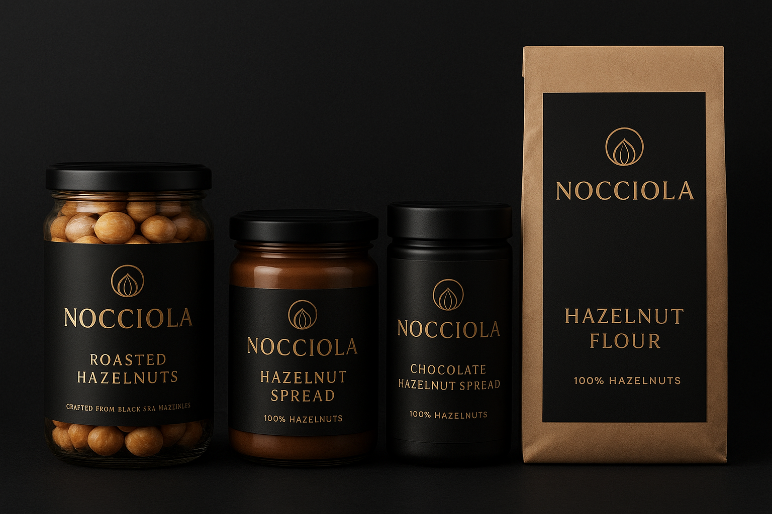 Four packages of Nocciola hazelnut products on a black background, including roasted hazelnuts, hazelnut spread, chocolate hazelnut spread, and hazelnut flour with black and gold packaging.