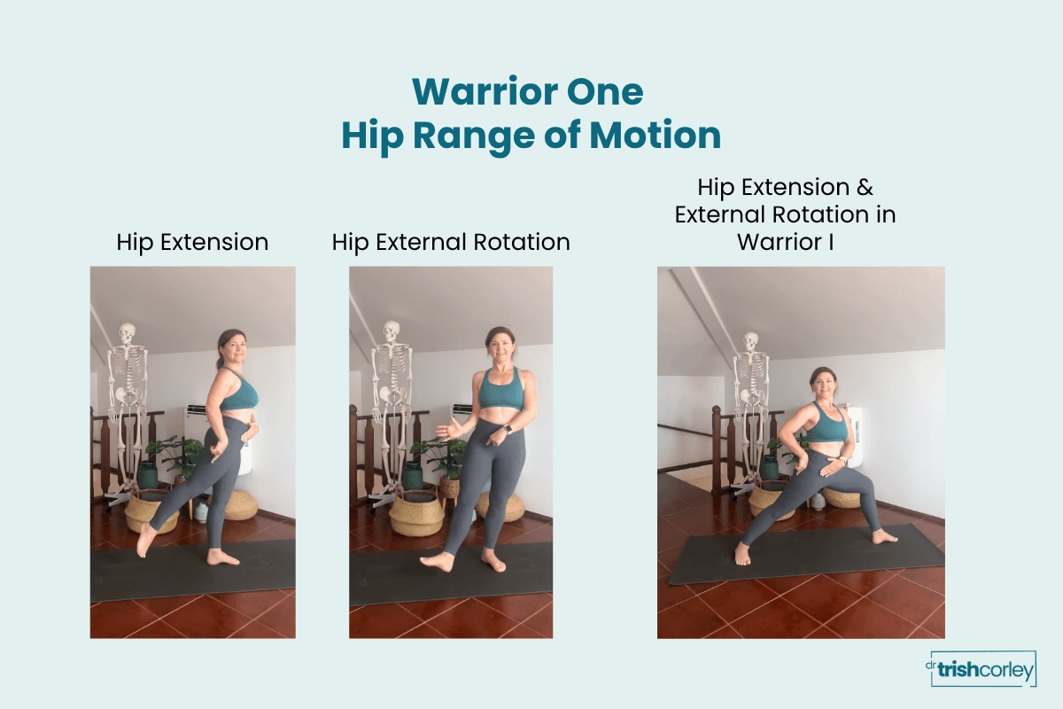 Diagram showing hip extension and external rotation movements required for warrior 1 alignment