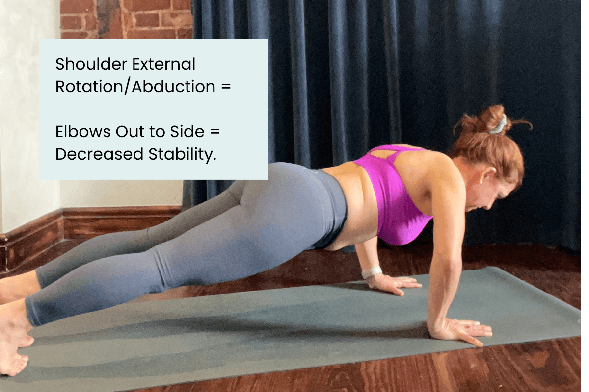 Dr. Trish Corley in chaturanga showing elbows out from the body due to shoulder external rotation