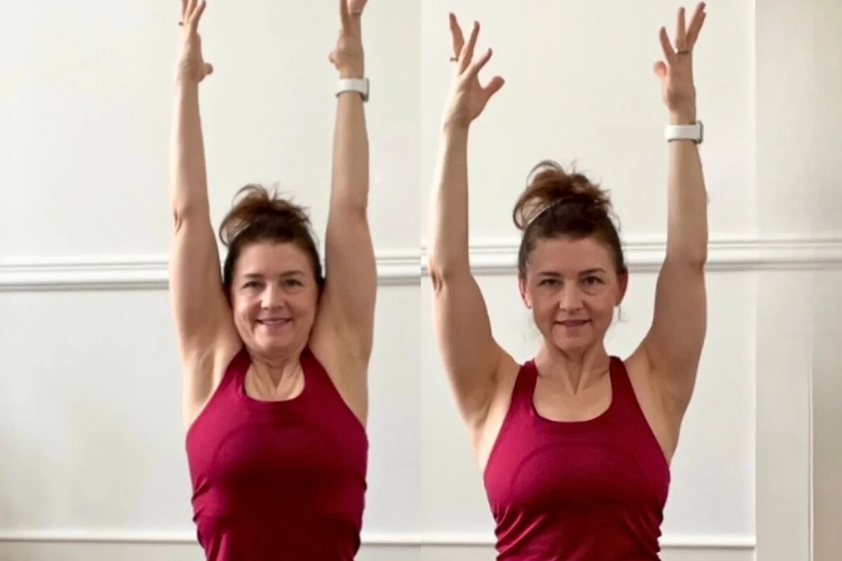 Dr. Trish Corley demonstrating shoulders elevated versus neutral position with arms overhead in yoga