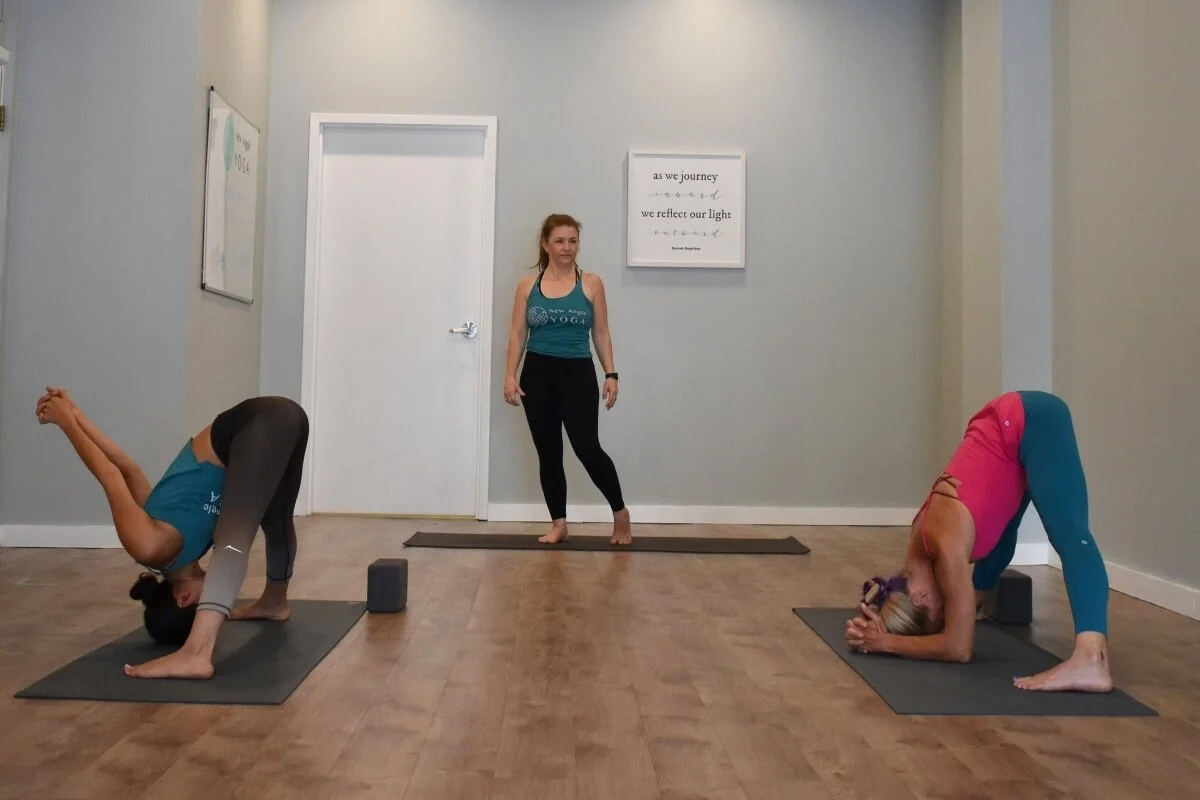 Yoga teacher observing students' alignment in downward dog and forearm balance