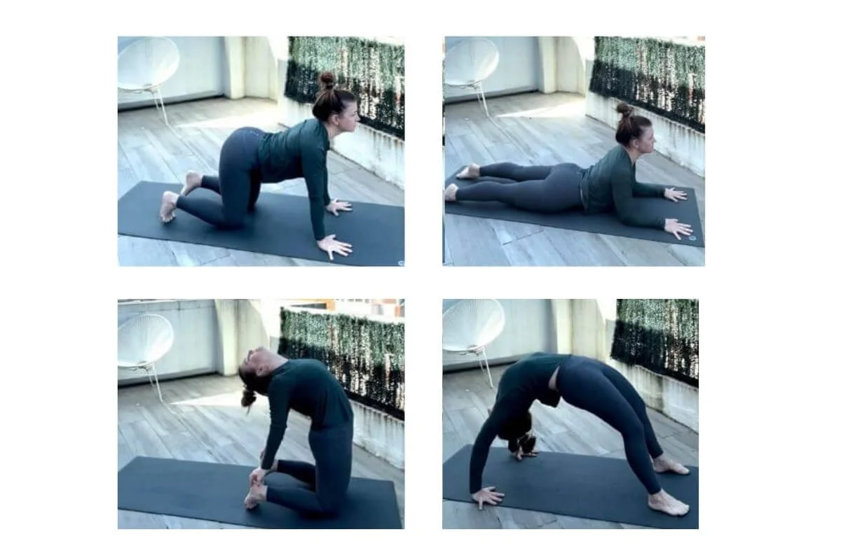 Yoga postures showing spinal extension including cow pose, cobra, camel, and full wheel