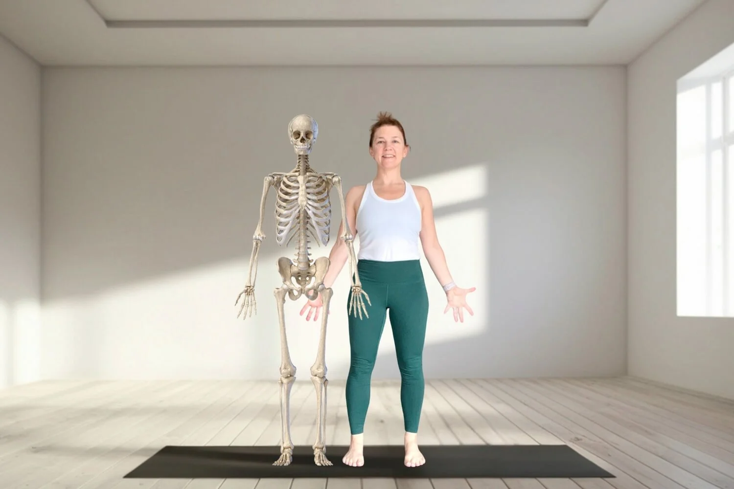 dr trish corley in yoga tadasana with skeleton for balanced posture alignment