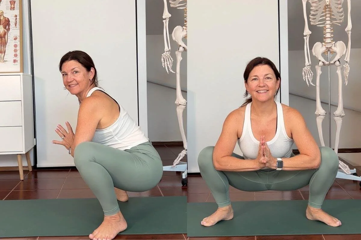 Yoga teacher demonstrating Malasana, a wide squat used to explain yoga biomechanic