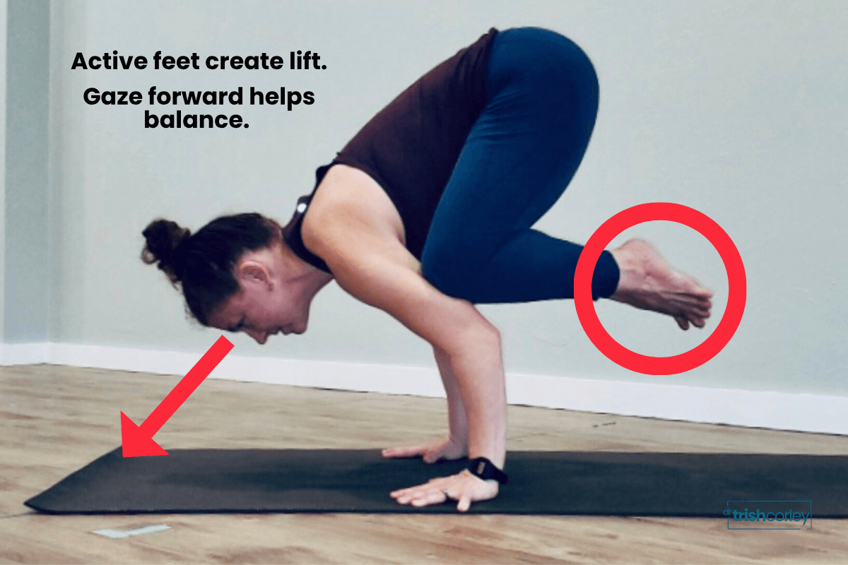 Dr Trish Corley yoga teacher trainer in crow pose with teal circle annotation showing active feet creating