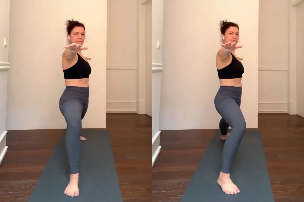 Before and after comparison of foot alignment in Warrior 2, showing the cue that supports yoga students with knee pain