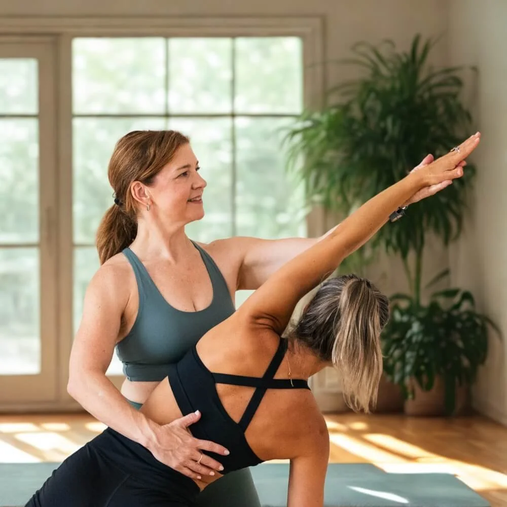 Dr. Trish Corley, yoga teacher trainer and physiotherapist, giving a hands-on assist during a yoga class in Lisbon.