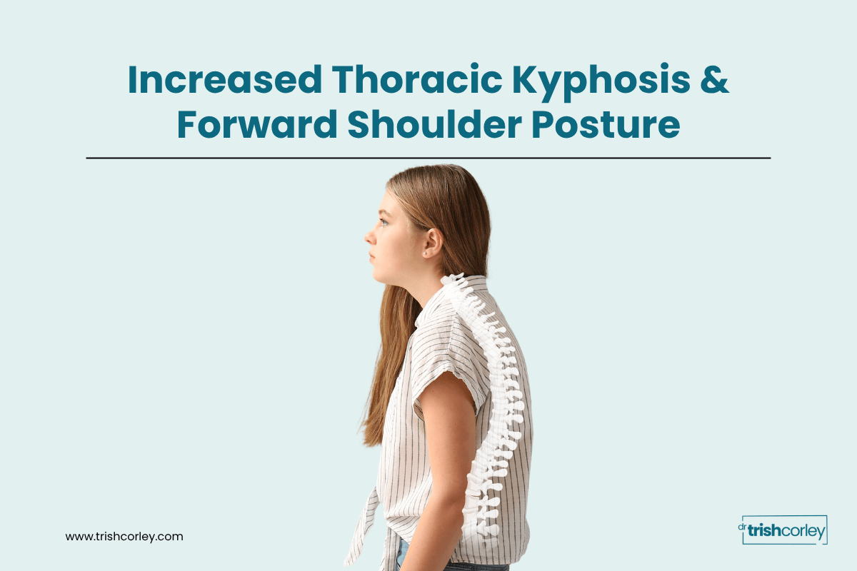Graphic showing increased thoracic kyphosis and forward shoulder posture in a standing figure