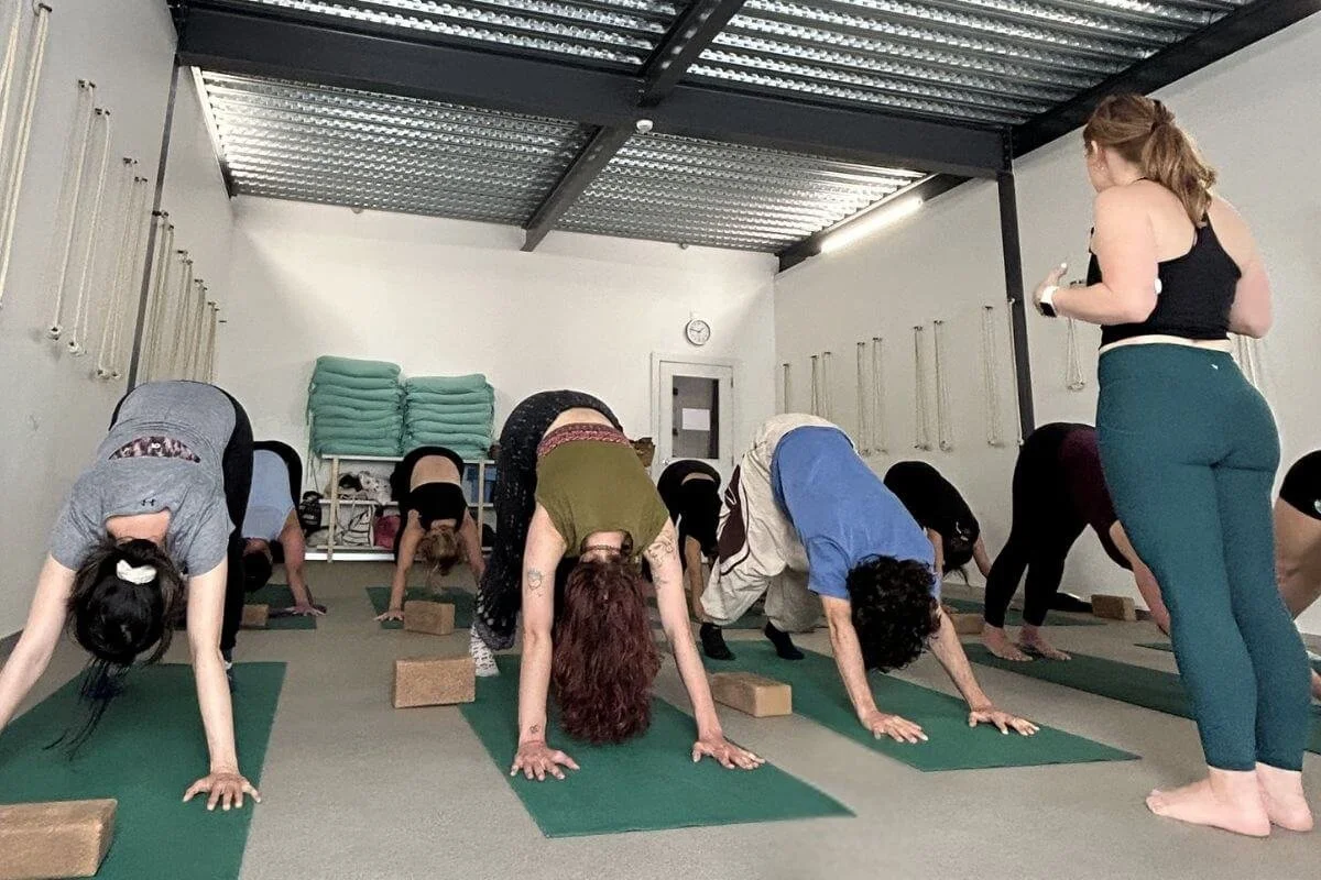 Dr. Trish Corley off her mat observing students, showing the presence that comes from teaching the same yoga sequence