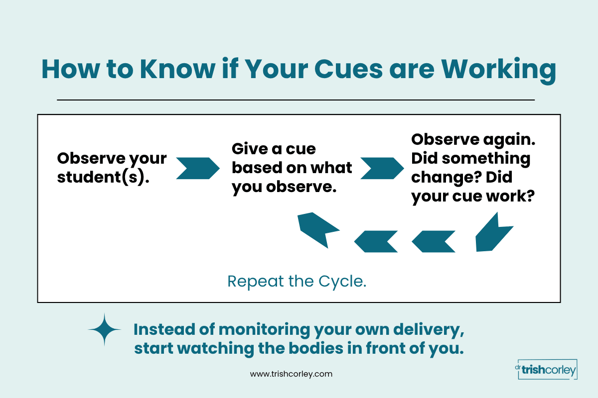 Infographic showing the observe-cue-observe rhythm for yoga teachers assessing cueing impact