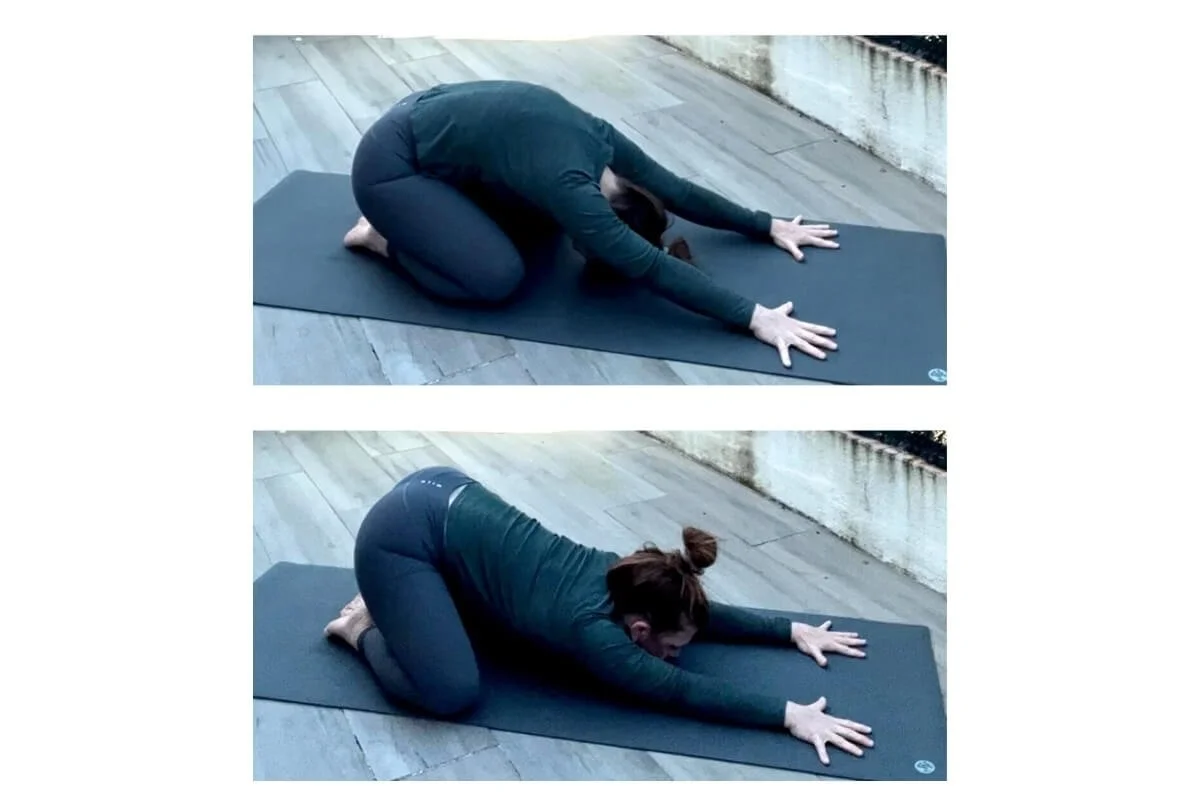 Two versions of child's pose showing spinal flexion versus spinal extension in different bodies