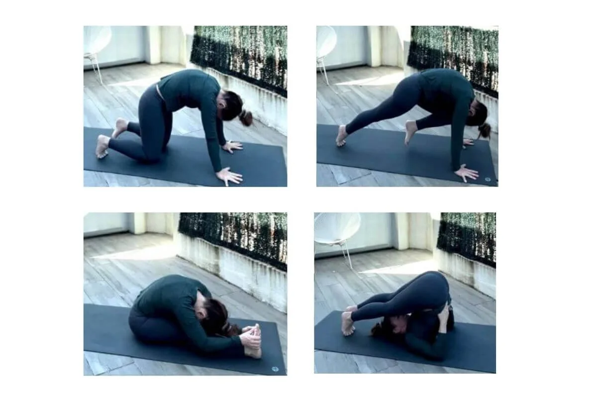 Yoga postures showing spinal flexion including cat pose, knee to nose, seated forward fold, and plow