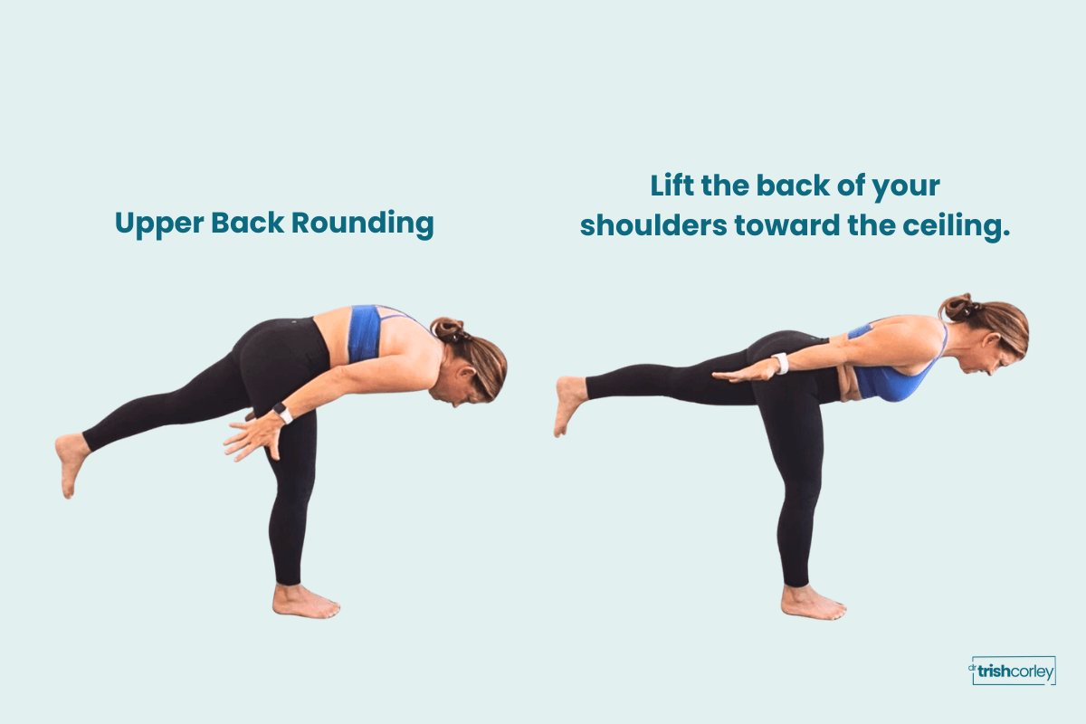 ide-by-side comparison showing upper back rounding versus lifting the back of the shoulders toward the ceiling in Warrior 3