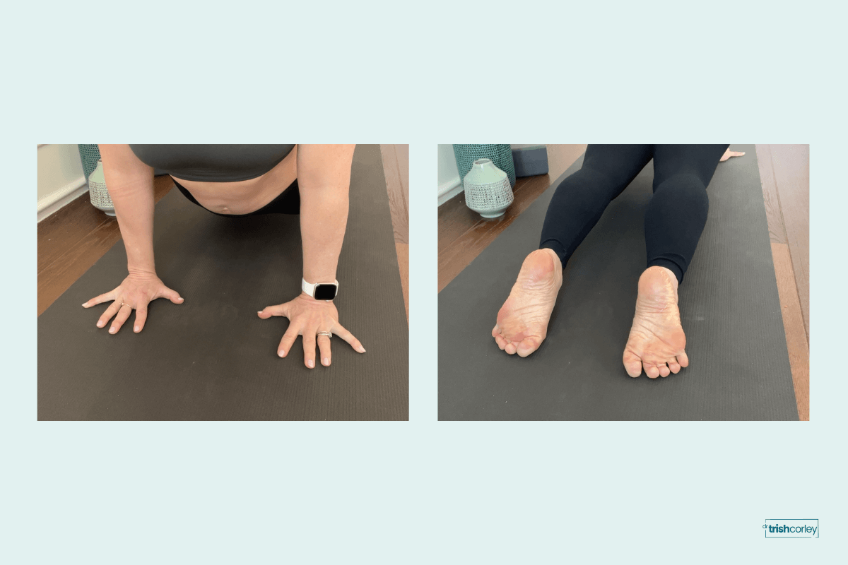 Educational images showing hands and feet in upward facing dog with press down creates lift concept