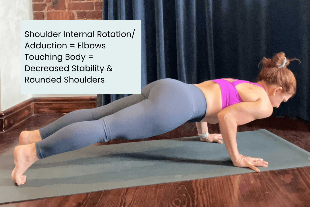 dr. Trish Corley in chaturanga showing elbows close to body due to shoulder internal rotation