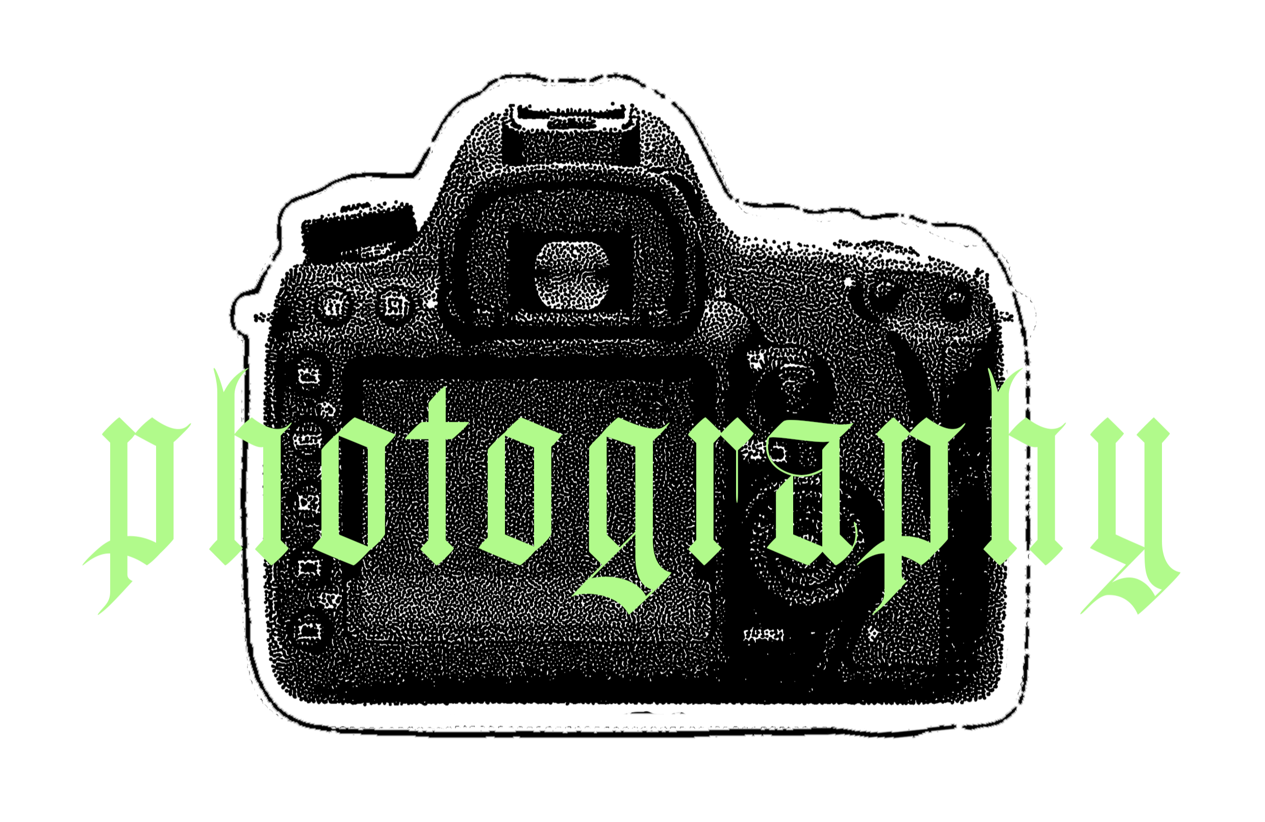 Neon green text in Gothic font saying 'Photography',  with an illustrative DSLR camera beneath.