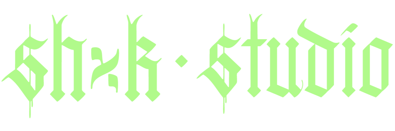 Text that reads 'shxk-studio' in green Gothic-style font.