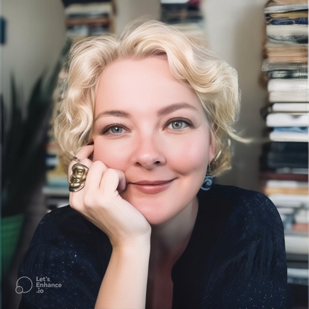 Woman looking at the camera, smiling, with her hand on her chin and an ornate gold ring on her middle finger. 