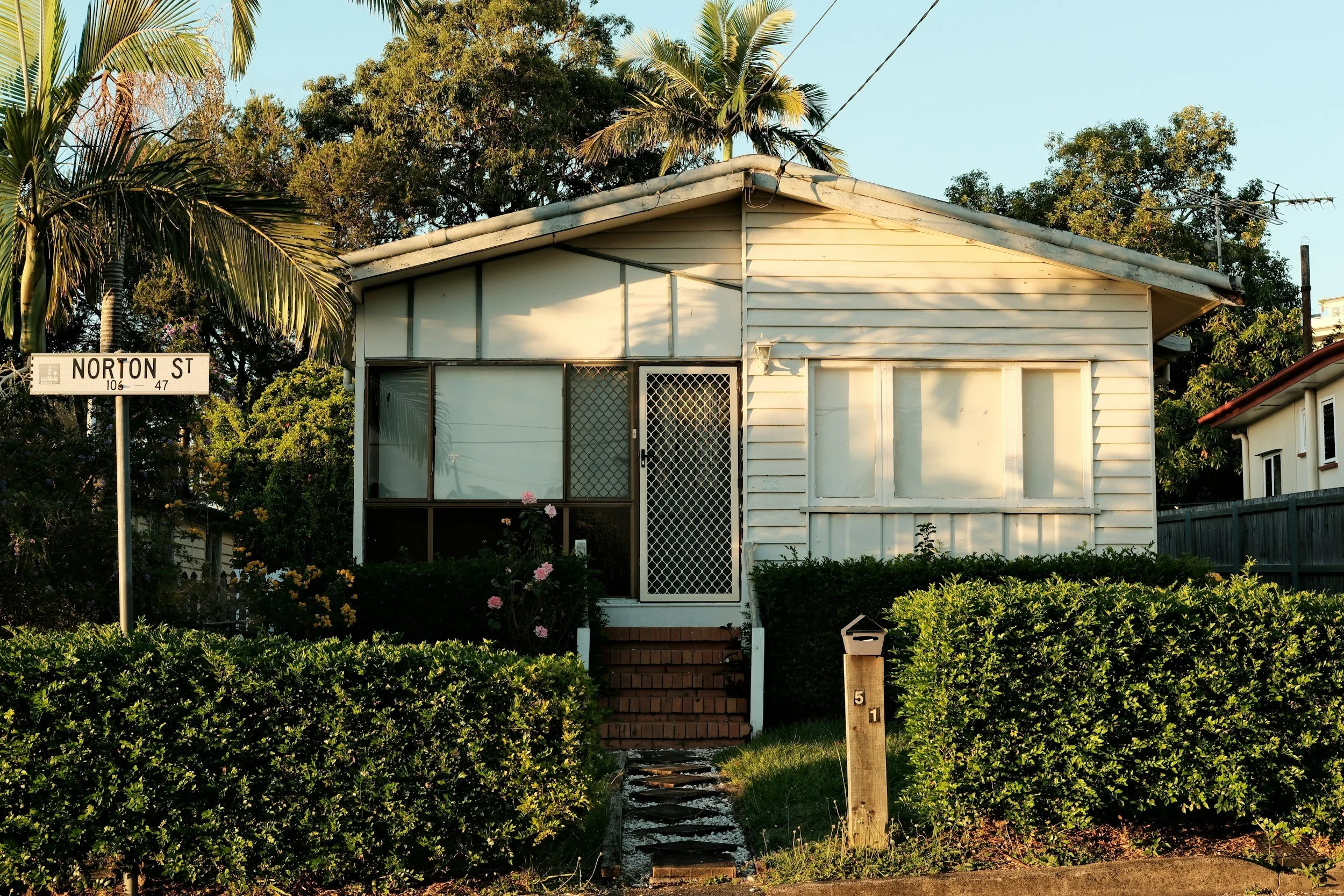 A small white house with a porch, surrounded by green bushes and trees, with a mailbox in front and a street sign that reads Norton Street.