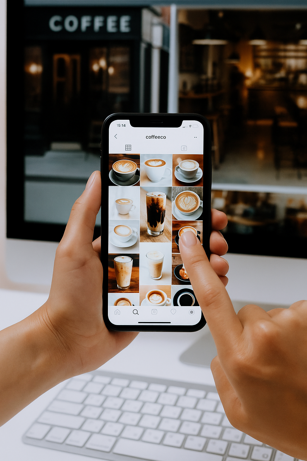 Person browsing a coffee-themed Instagram profile on a smartphone, with a blurred coffee shop in the background.