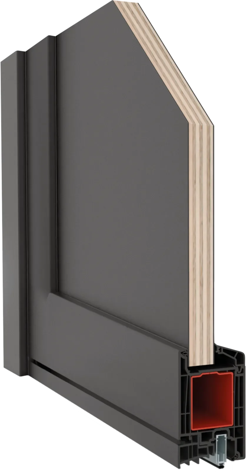 Corte transversal de una ventana con marco de PVC gris y doble acristalamiento.