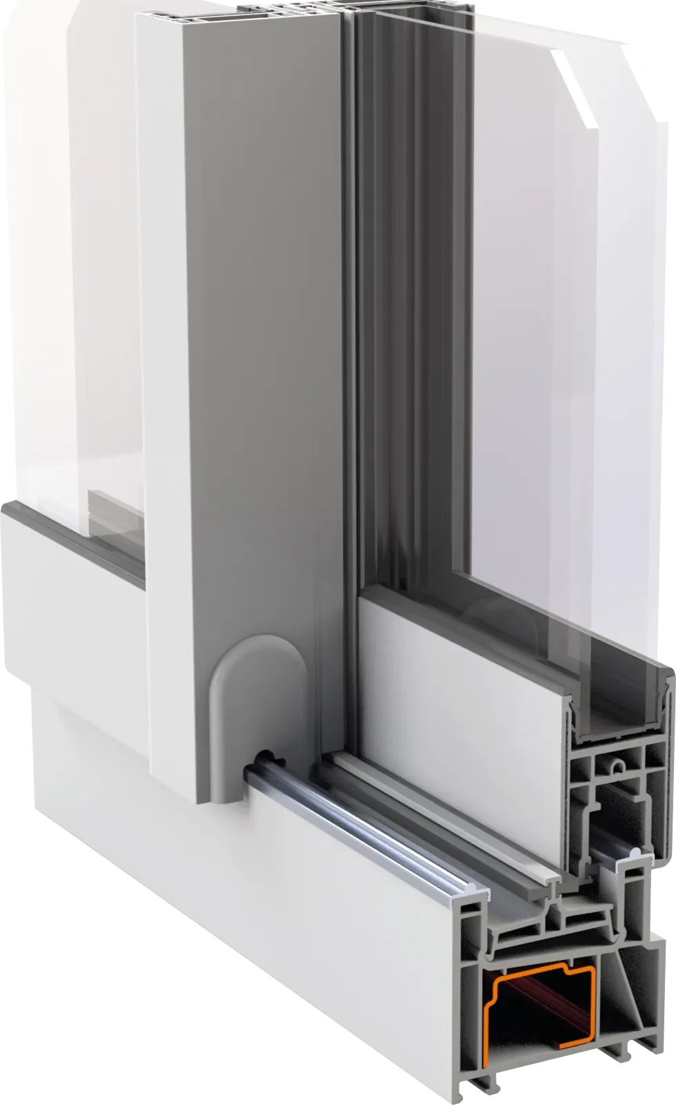 Sección cortada de un marco de ventana de aluminio mostrando el mecanismo y estructura interna.