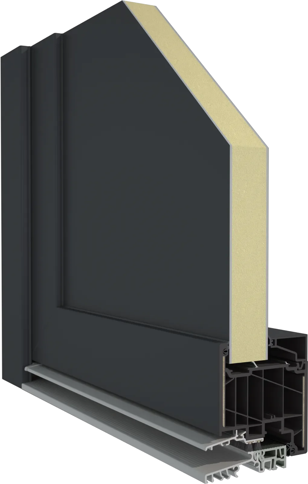 Corte de una ventana de aluminio con doble acristalamiento y aislamiento térmico.