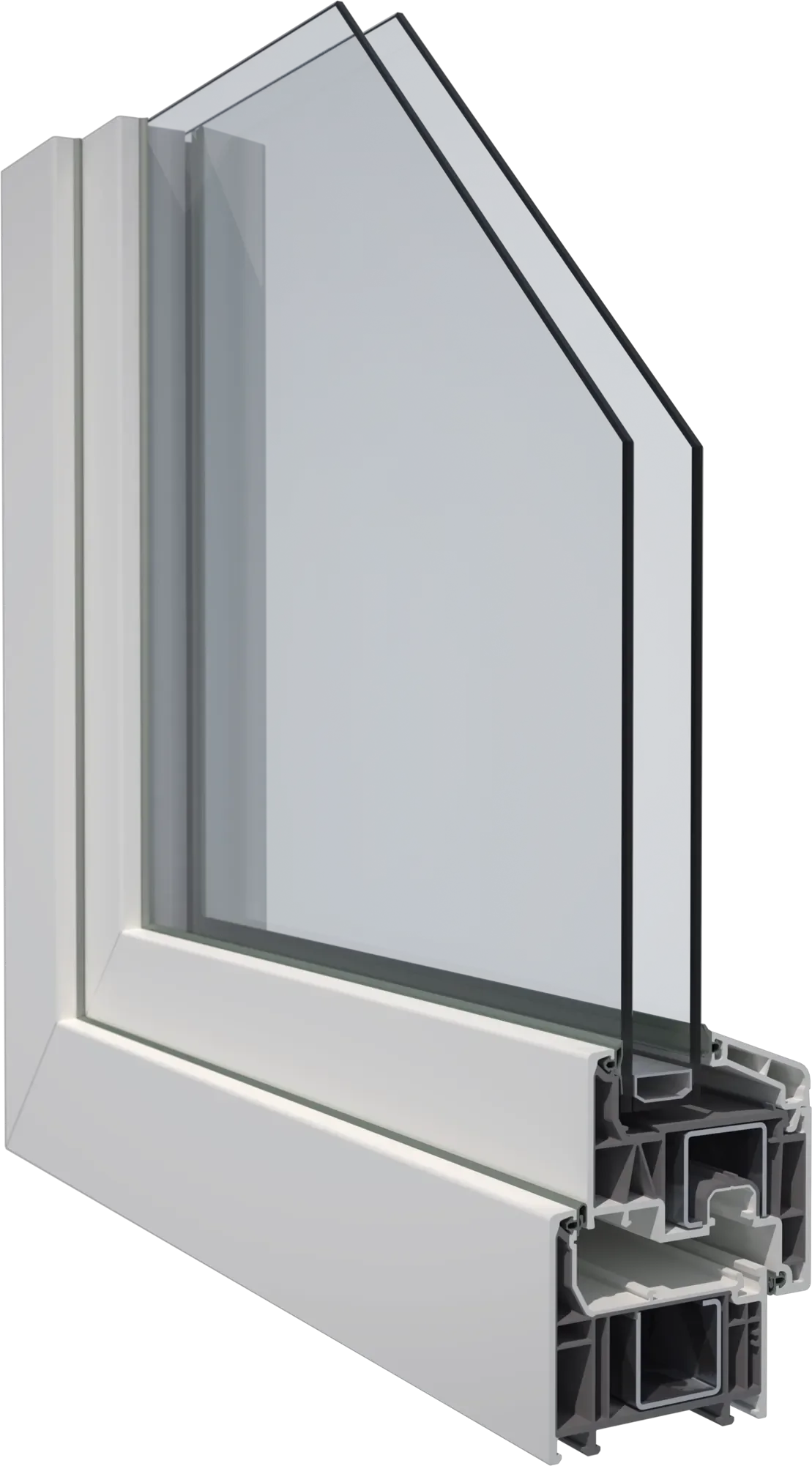 Corte transversal de un marco de ventana con doble acristalamiento y marco de aluminio.