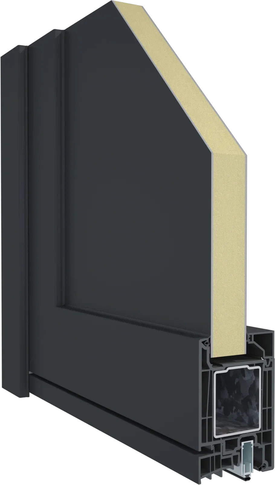 Corte transversal de un marco de ventana de PVC con aislamiento