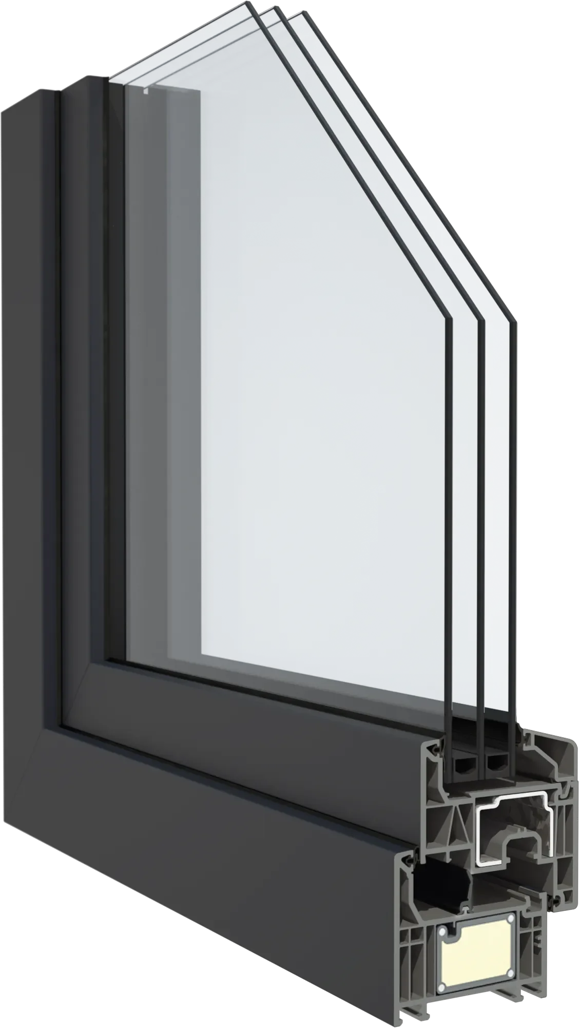 Corte transversal de una ventana de aluminio con doble acristalamiento y marco negro.