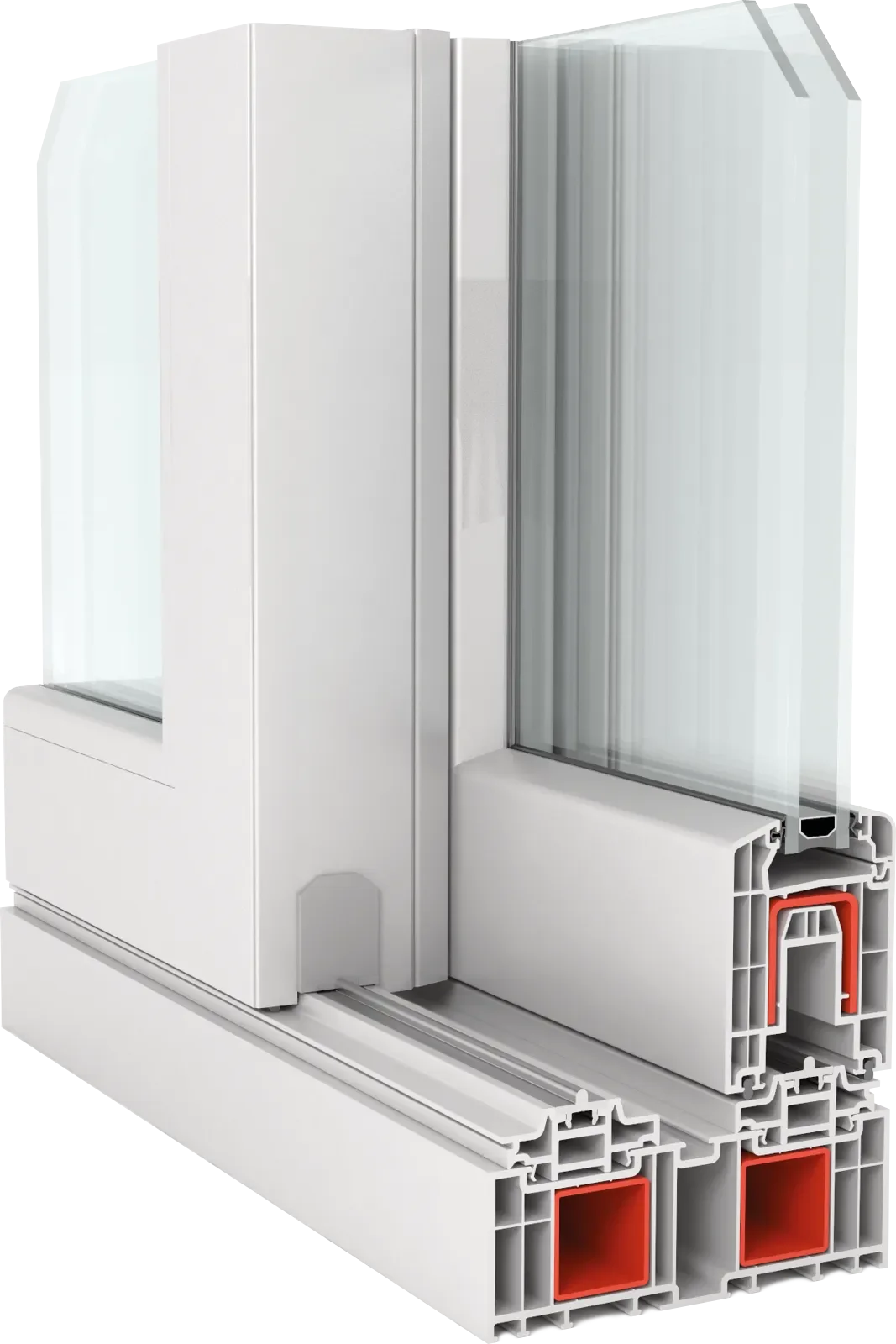 Corte de una ventana de PVC mostrando el marco, el doble acrílico y las cámaras internas de aislamiento.