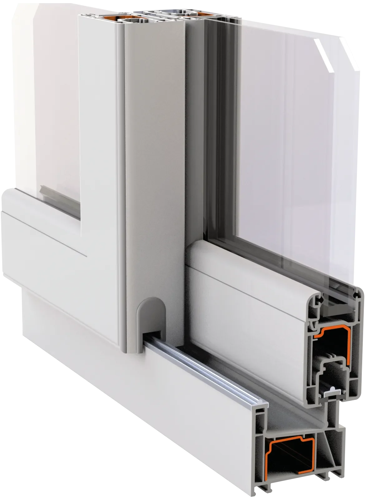 Corte transversal de un marco de ventana de aluminio con doble acrílico.