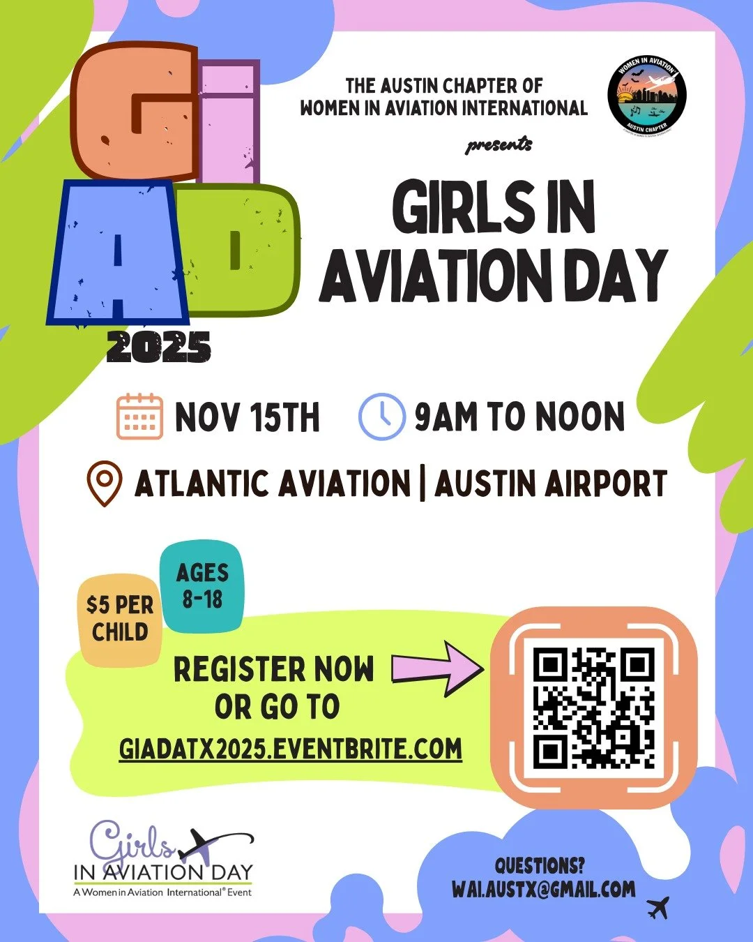 Join us for our 4th annual Girls in Aviation Day on November 15th, 2025! 

This event is for girls ages 8-18 and is designed to ignite passion for career opportunities in aviation through static aircraft displays, simulator sessions, STEM activities,