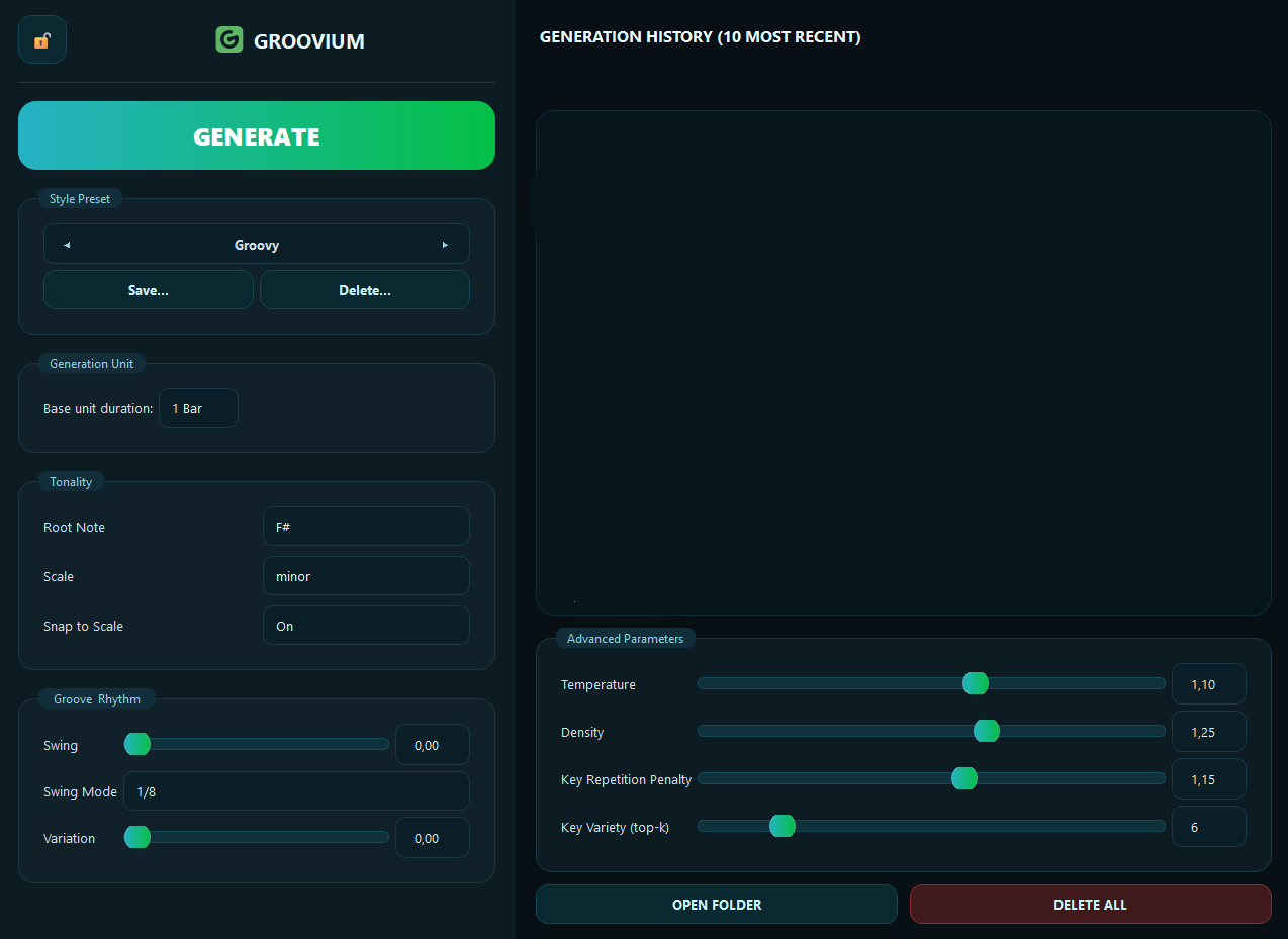 Screenshot of a music generator software interface with various controls for generating groove-based music, including style presets, generation unit settings, tonality, groove rhythm, and advanced parameters like temperature, density, key repetition penalty, and key variety.